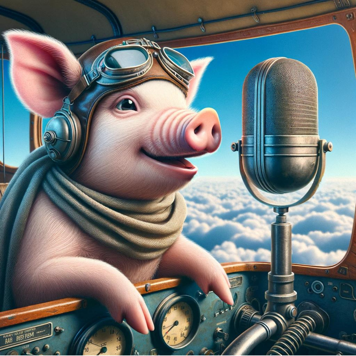 Image of a pig in pilot attire talking into a broadcasting microphone.